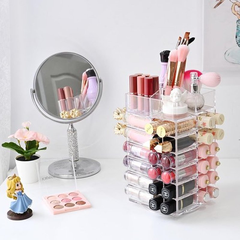 Ikee Design Lipstick Organizer with 53 Slots 360 Degree Rotating Spinning Makeup Organizer, Acrylic Lip Gloss Organizer for Lipsticks, Brushes, Cosmetic Storage Display, Bathroom, Vanity, Countertop