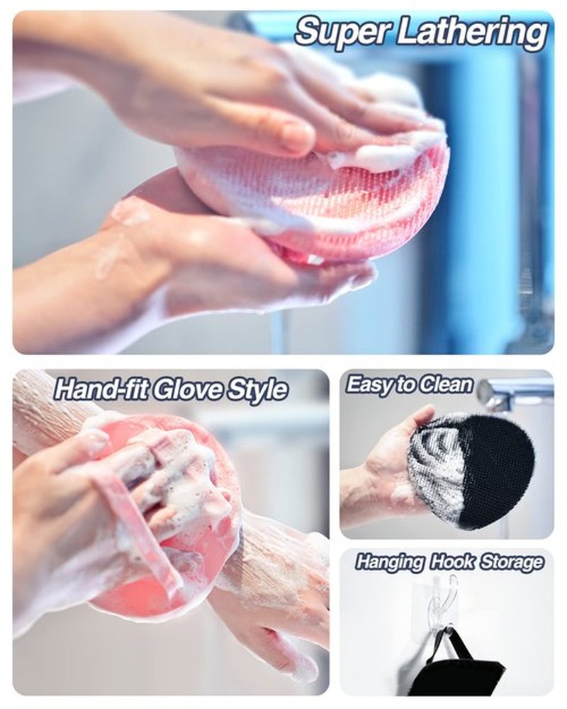 Manmihealth Silicone Back Scrubber(Thin Bristles) & Soft Bath Glove Set, Super-Cleaning Body Scrubber & Super-Lathering Shower Brush Combination, with a Free Hook. (Black)