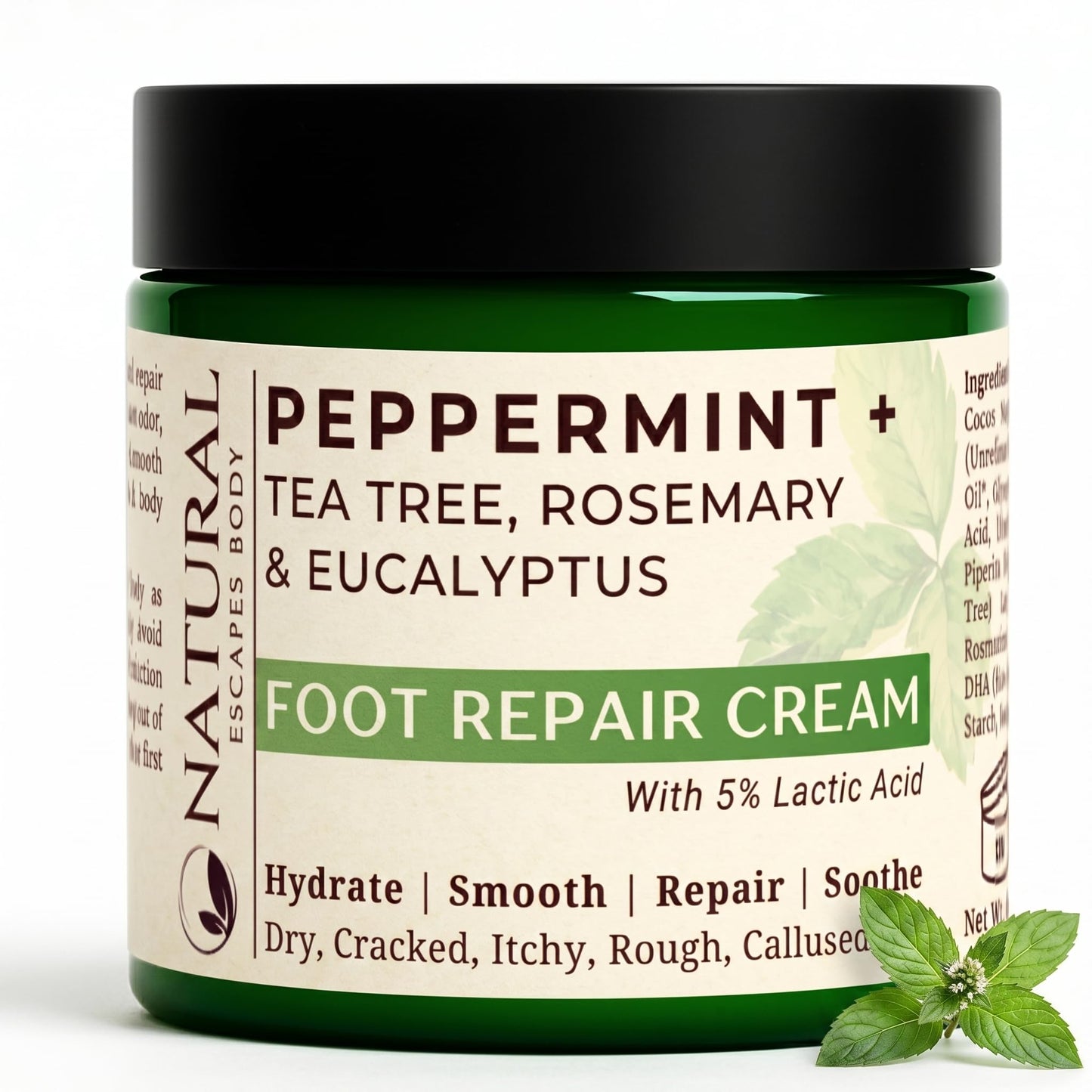 Natural Escapes Peppermint Foot Cream for Dry Feet & Cracked Heels, 8 oz