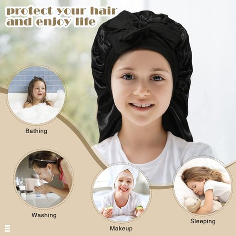 Kids Long Hair Bonnet for Sleeping - Double Layer Girls Elastic Satin Bonnet with Tie Band for Braid Curly Hair(Black)