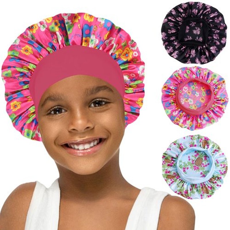 3 Pcs Silk Hair Bonnet for Sleeping - Baby Satin Bonnets for Girls Kids Sleep Cap Hair Wraps for Curly Natural Hair with Elastic Wide Band (Black+Hot Pink+Blue)…