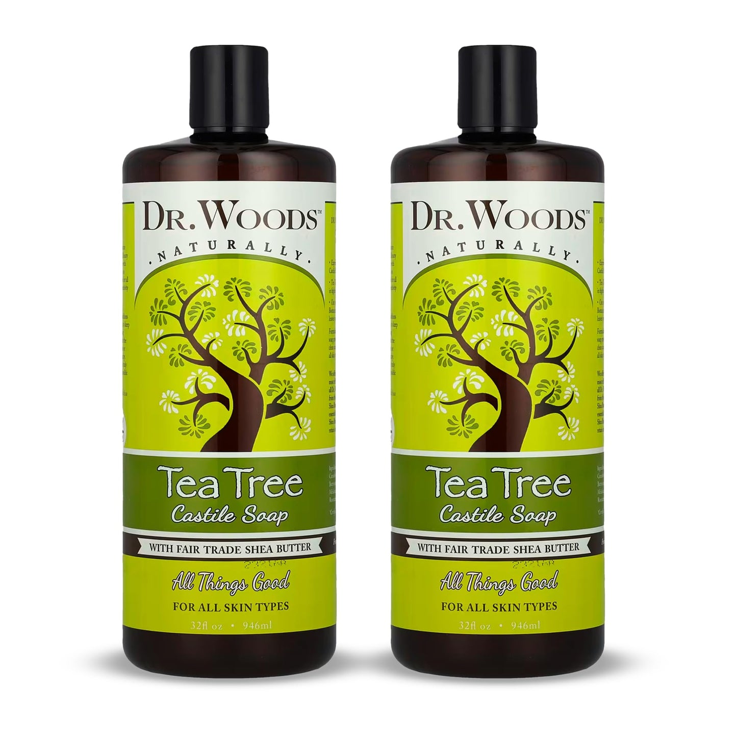 Dr. Woods Tea Tree Liquid Castile Soap - Castile Soap with Pure Tea Tree Oil, Body Wash for Men and Women, Organic Shea Butter, Natural Cleaner for Face, Hands, and Body - 32 Fl Oz, Pack of 2