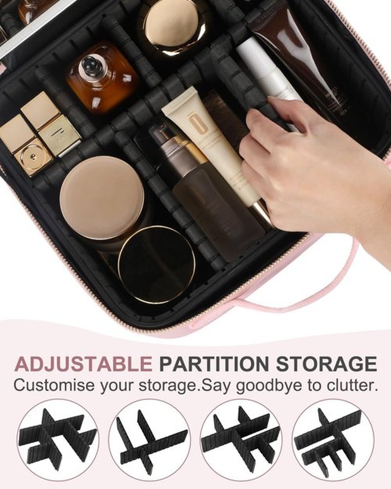 MAYFIY Makeup Bag with LED Mirror and Travel Makeup Train Case Cosmetic Organiser with 2X3X Magnifying Mirror and Separate Makeup Brush Panel, Portable Adjustable Divider Storage Bag, Pink