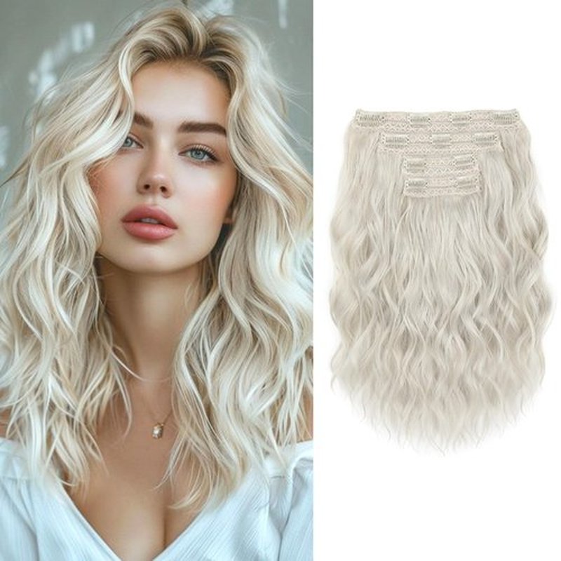 KUIRAN Hair Extensions, Clip in Hair Extensions 12" Short Curly Wavy Blonde Hair Extensions 4PCS Hair Extensions Invisible Lace Weft Natural Soft Hairpieces for Women - White Blonde