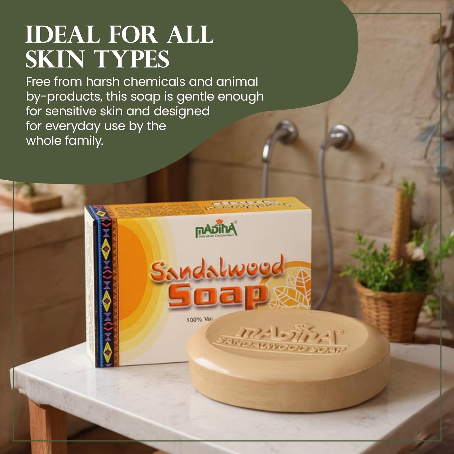 Madina Sandalwood Soap Bar – Moisturizing, Gentle Cleanser, Aromatic Sandalwood, Vitamin E, Aloe Vera, 100% Vegetable-Based, For All Skin Types, 6 Pack (3.5 oz Each)