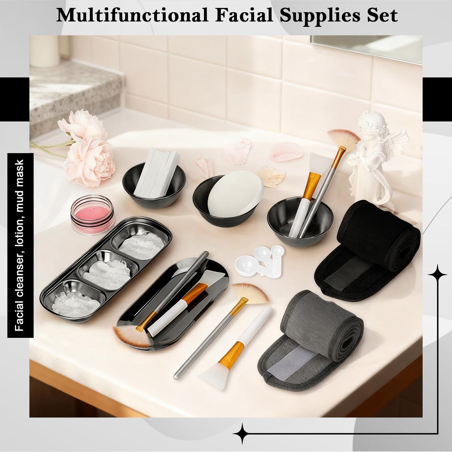 28 Black Facial Supplies 3 Facial Mask Mixing Bowls 3 Facial Fan Brushes 3 Mask Applicator Brushes 3 Mask Measuring Spoons Skincare Tray 3-Compartment Serving Tray 12 Facial Sponges 2 Spa Headbands