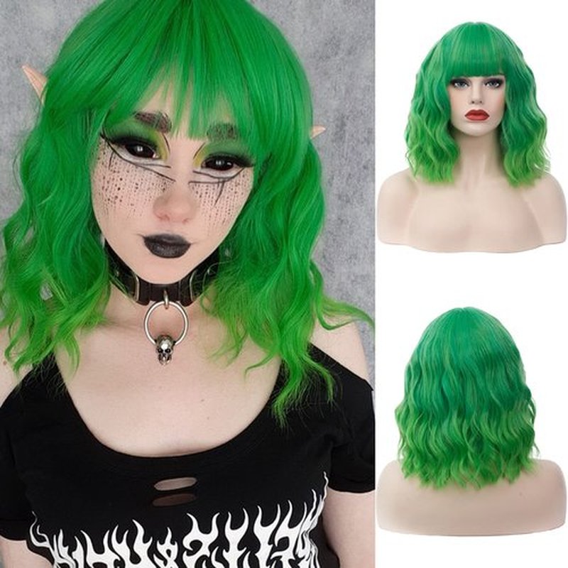 WGPFWIG Women's Bright Green Ombre Wig Short Curly Wavy Wig Shoulder Length Flat Bangs Wig For Women Girl Cosplay Party Halloween Wig Cap Included (Bright Green Ombre)