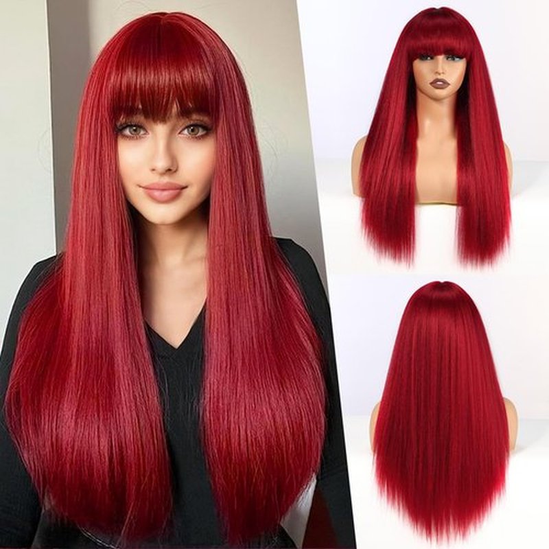 EMMOR Long Straight Yaki Wigs for Women with Bangs Comfortable Elastic Band 26 Inch Heat-resistant Synthetic Fibers(Red)