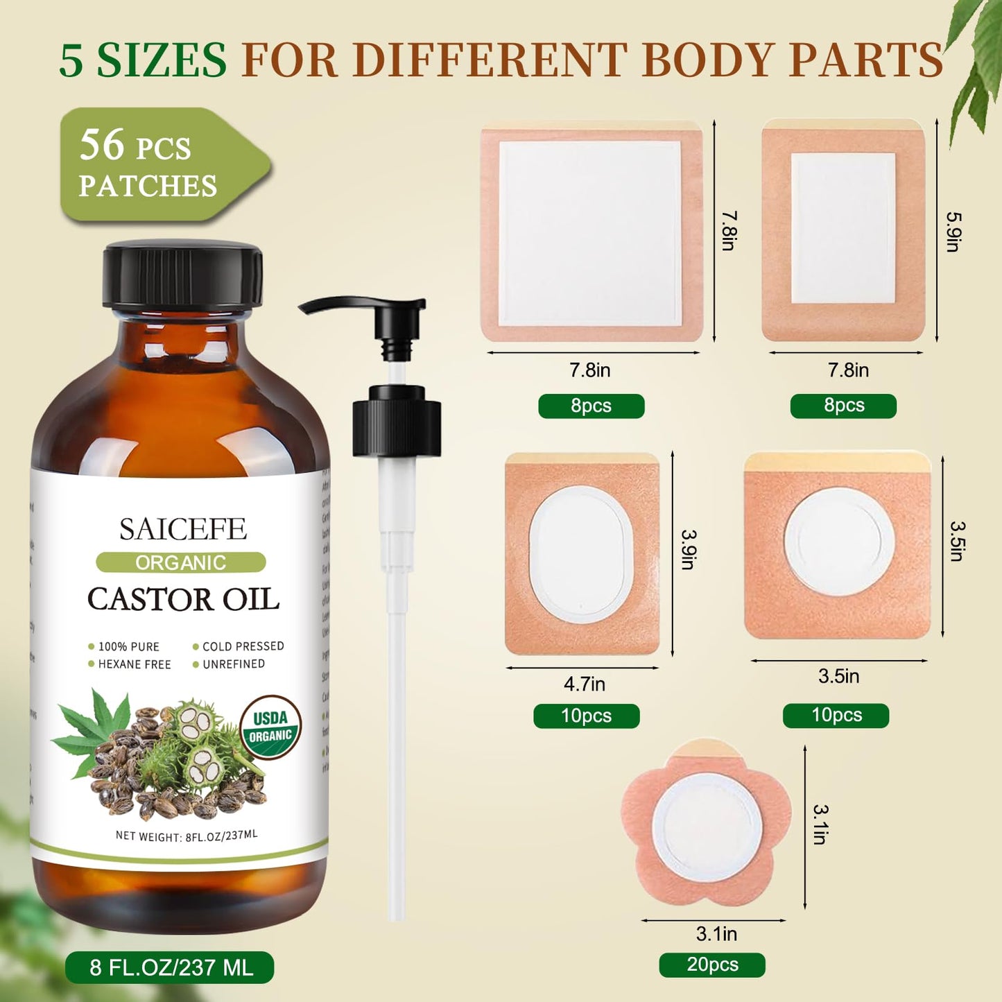 56pcs Castor Oil Patches with Caster Oil Organic Cold Pressed Unrefined Glass Bottle 8oz, Castor Oil Pack Wrap for Belly, Neck, Back, Arms, and Hair Growth (with Eyelash Kit)