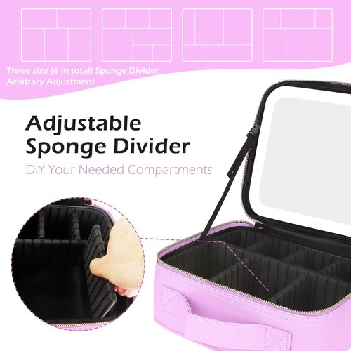 MOMIRA Makeup Bag with Mirror and Light Travel Makeup Train Case Cosmetic Bag Organizer Portable Artist Storage Bag with Adjustable Dividers Makeup Brushes Storage Organizer Purple
