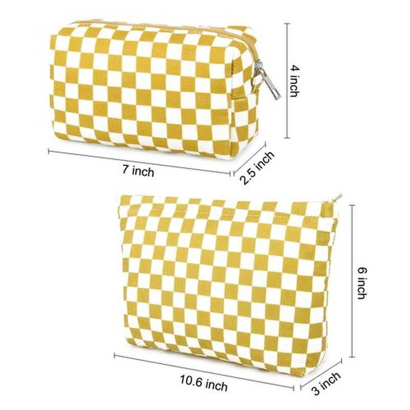 SOIDRAM 2 Pcs Checkered Makeup Bag Large Cosmetic Bag Toiletry Bag Makeup Pouch Travel Bag Organizer Cute Makeup Brushes Aesthetic Accessories Storage Bag for Women Golden Yellow