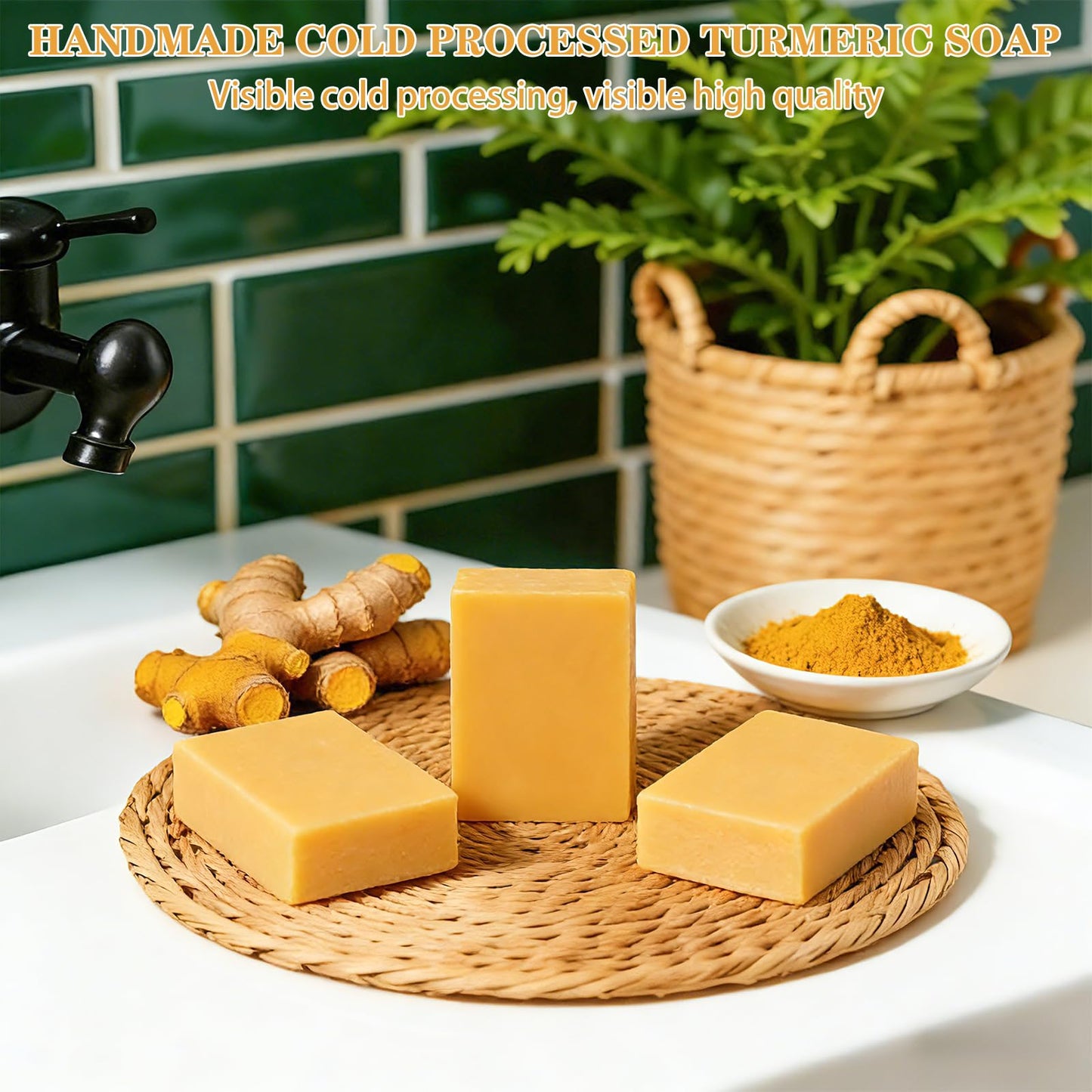 Umpeimvon 6 PCS Turmeric Soap Bar, Handmade Tumeric Soap for Face and Body, Deep Cleansing and Soothing, with Rich Turmeric, Olive Oil, Chamoile Oil and Vitamin C