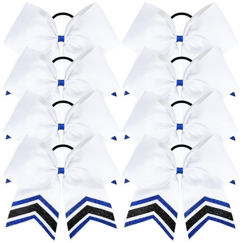 DEEKA 8PCS Large Glitter Cheer Bows Shiny 7" Cheer Hair Bows Ponytail Holder Handmade for Cheerleader Girls Softball Sports -Royal Blue/Black