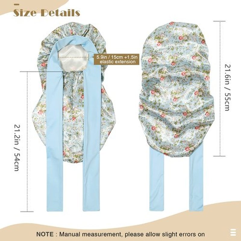 Kids Long Hair Bonnet for Sleeping - Double Layer Girls Elastic Satin Bonnet with Tie Band for Braid Curly Hair (Blue flower+Beige)