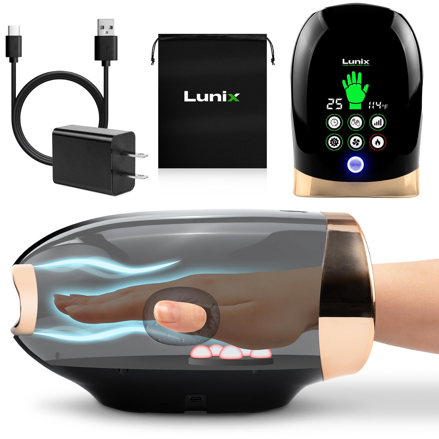 Lunix LX30 Rolling Hand Massager, Kneading + Compression, Heat + Cooling Fan, Finger & Wrist Pain Relief, Cordless Rechargeable, Charcoal Black