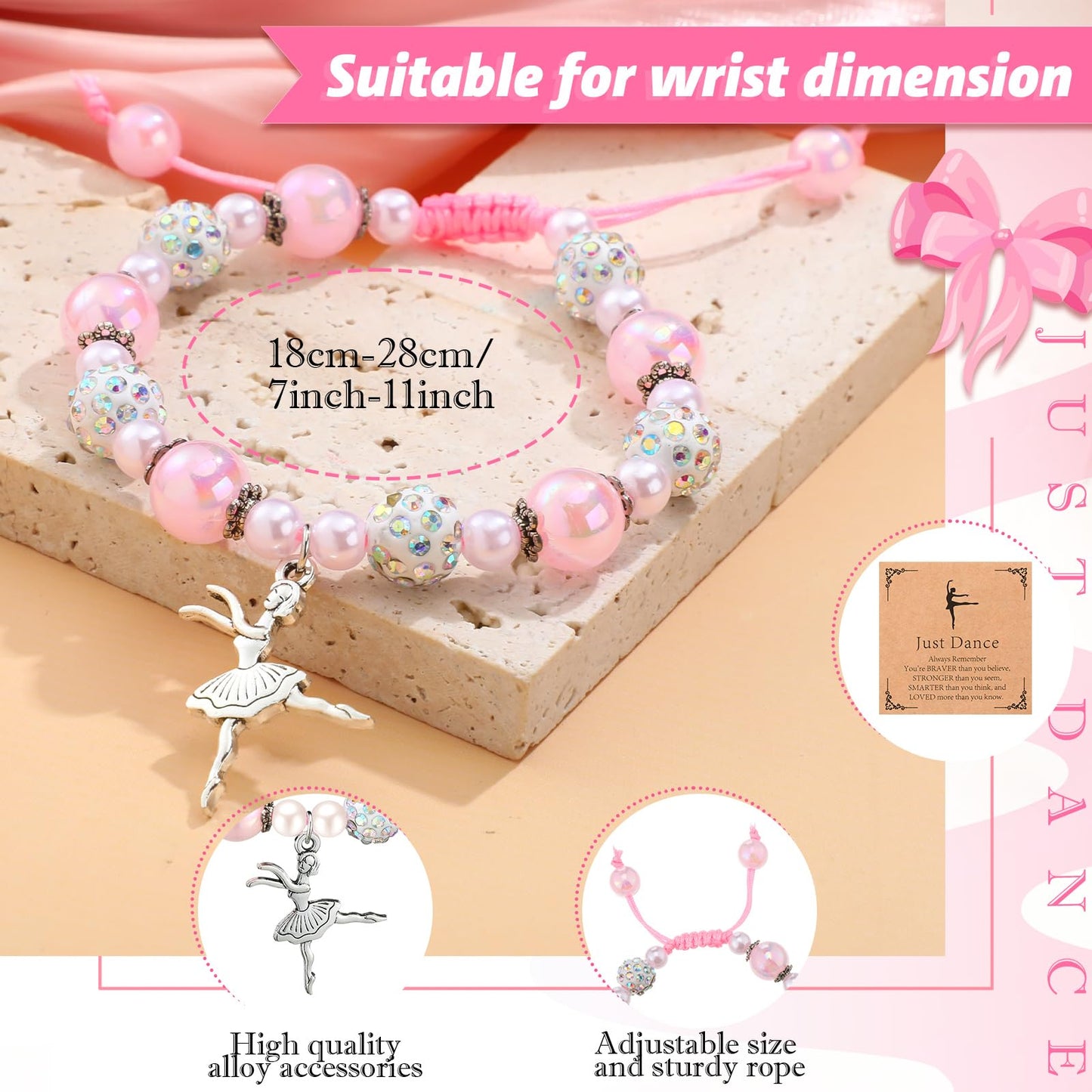 Ecation 12 Sets Dance Recital Gifts for Women Sparkly Dance Bracelets Ballerina Jewelry Team Gifts Ballet Stuff Ballerina Bracelets for Dancing Competition Prizes Ballet Dancers Friends Mate(Pink)