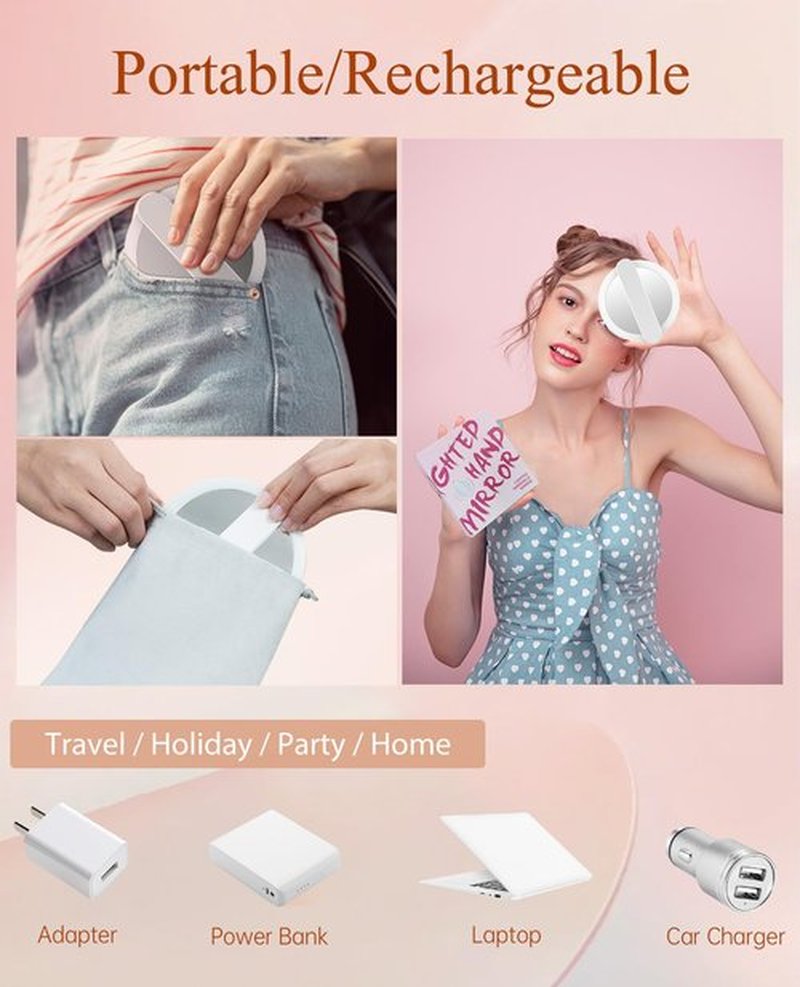 FASCINATE Handheld Mirror with Lights, 1X 10X Double Sided Magnifying Mirror with Swivel Handle, Perfect for Travel, Compact, Pocket, Purse, Folding, USB Charging （with Flannel Bag）