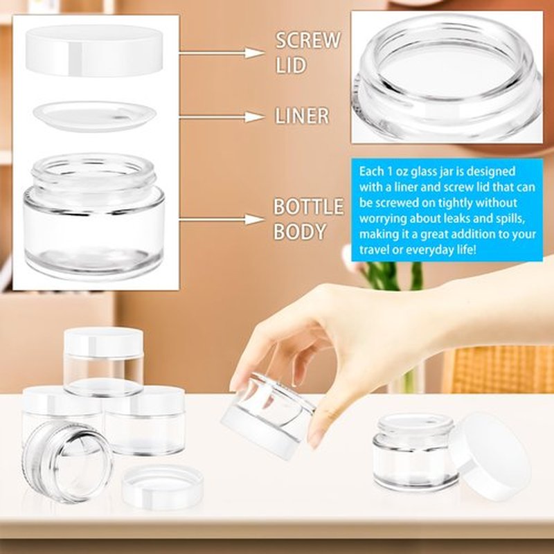 MotBach 6 Pack 1 oz Glass Jars with Lids 60ml Mini Round Clear Glass Jars with Inner Liners and Spatulas, Travel Size Containers Jars for Toiletries Creams Makeup Cosmetic Sample Lotion (White Lid)
