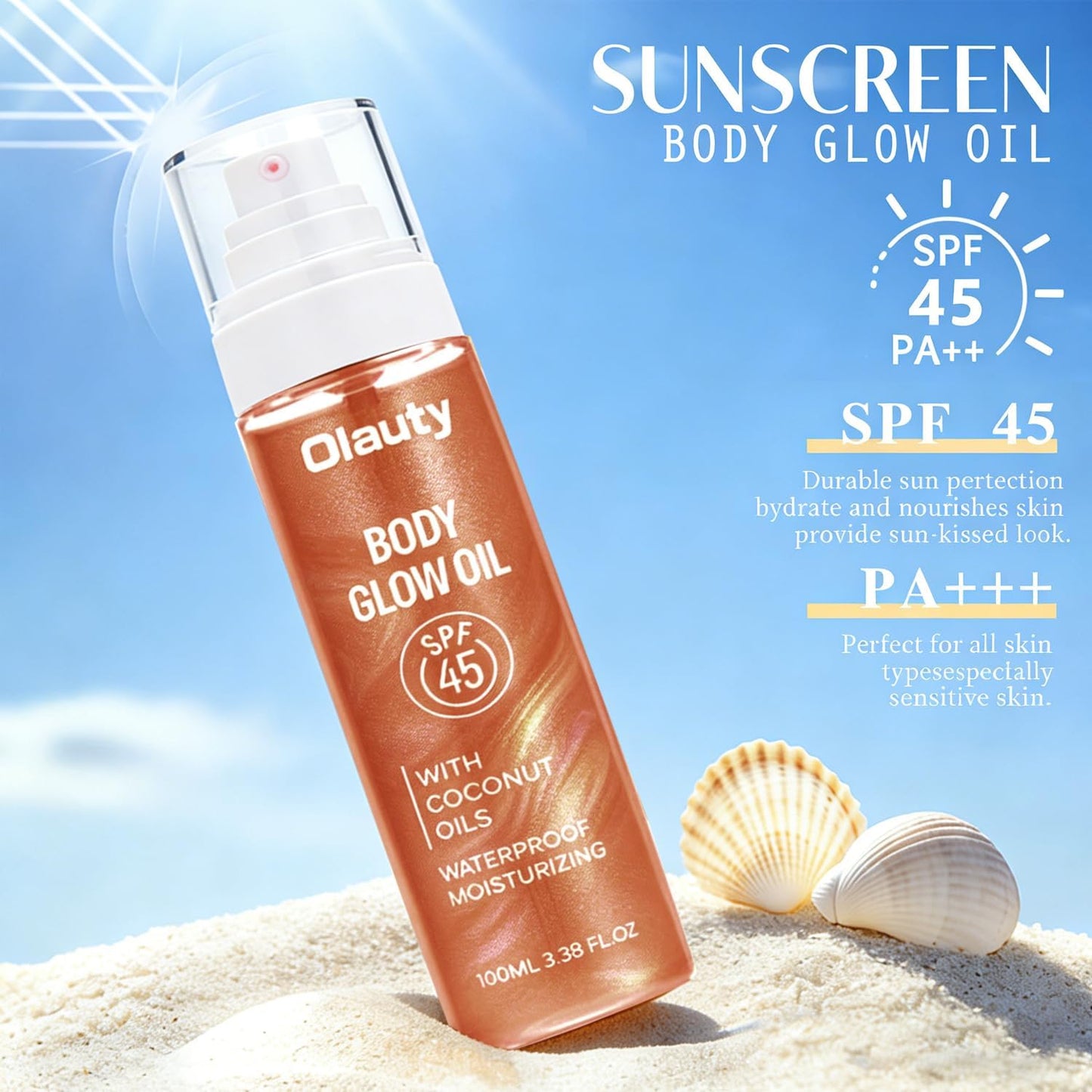 SPF Body Oil SPF 45, Shimmer Body Oil with Coconut Oils