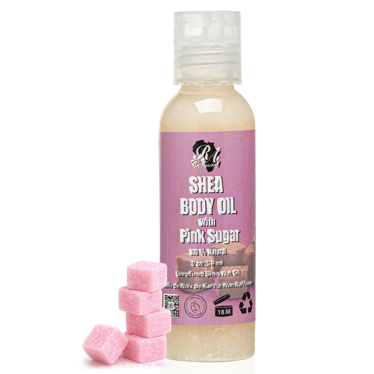 RA COSMETICS Shea Body Oil, Pink Sugar – Lightweight African Body Oil with Unrefined Shea Nut Oil from Ghana – Hydrating Moisturizer for Dry Skin – Softens & Smoothes Skin from Head to Toe – 2oz