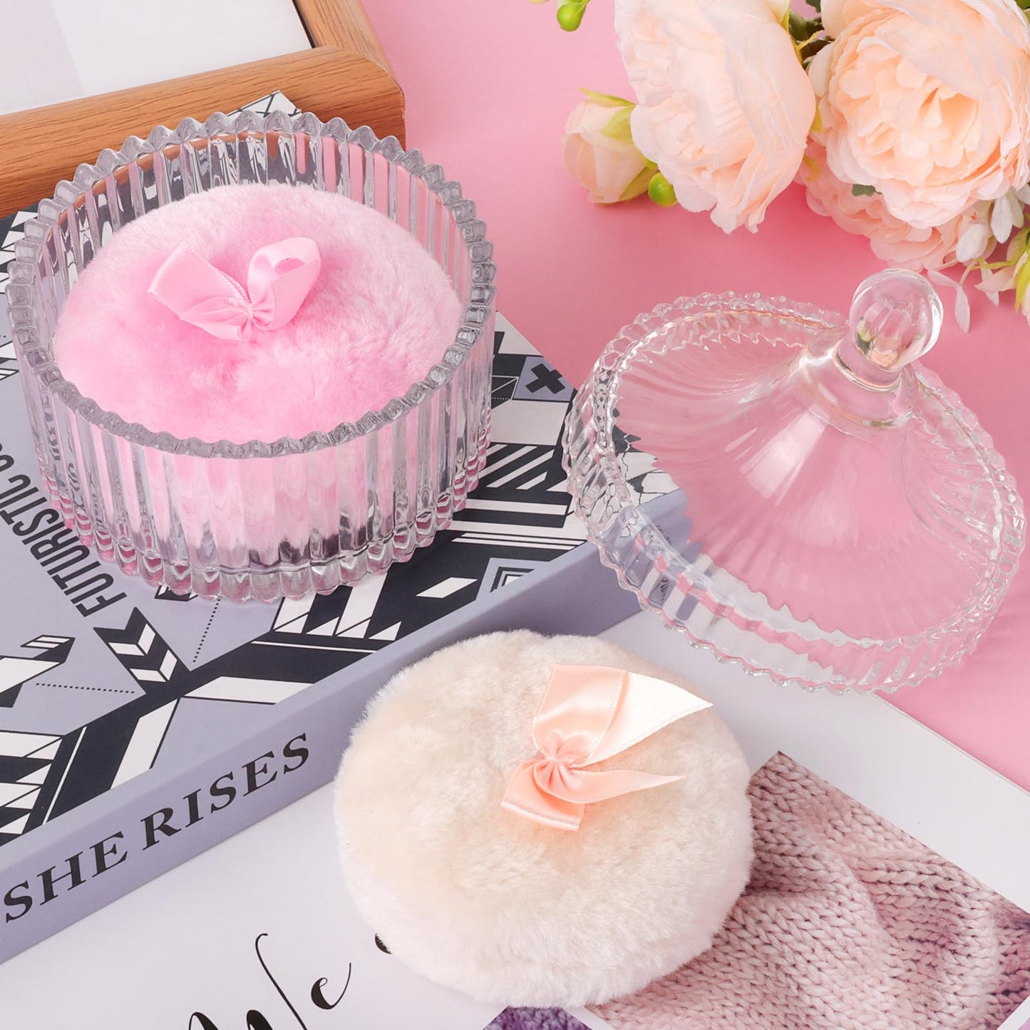 Body Powder Puff and Container, 2PCS 3.54" Powder Puff and 1PCS 5.3x3.9 Powder Container, Large Dusting Powder for Women Body Puff