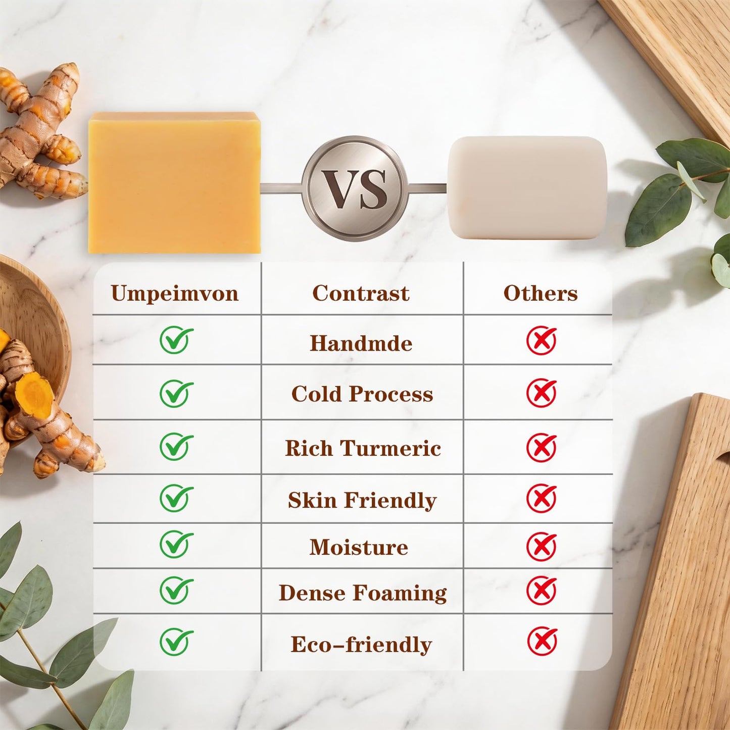 Umpeimvon 6 PCS Turmeric Soap Bar, Handmade Tumeric Soap for Face and Body, Deep Cleansing and Soothing, with Rich Turmeric, Olive Oil, Chamoile Oil and Vitamin C