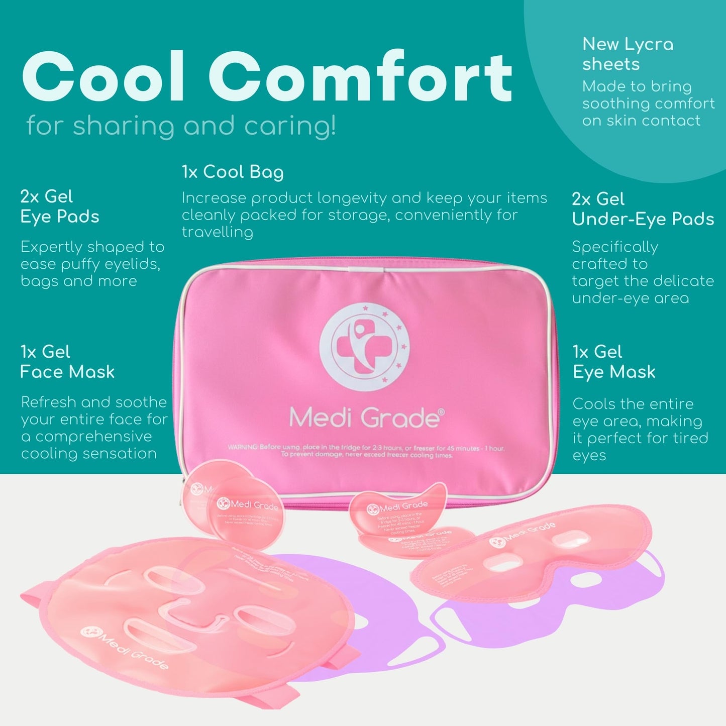Medi Grade Cooling Ice Face Mask and Cooling Eye Mask for Puffy Eyes, Pink - Self Care Face Ice Pack with ChillGel Face Ice Mask Technology - Cooling Face Mask, Eye Pads and Bag