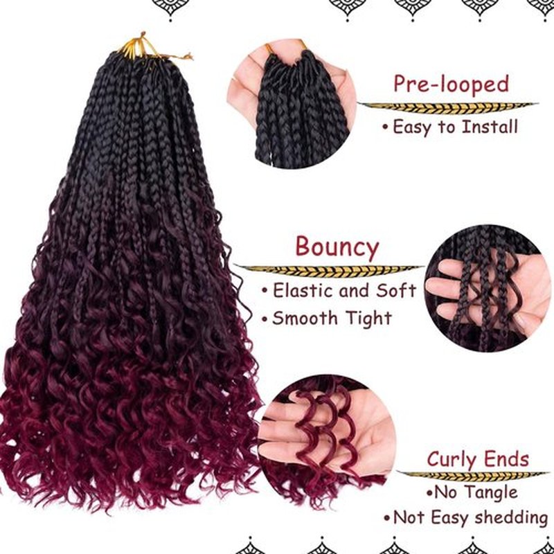 Beverlee 14 Inch Boho Box Braids 8 Packs Goddess Box Braids Crochet Hair Bohemian Hippie Braids Braiding Hair Box Braids with Curly Ends Messy Pre-looped Synthetic Crochet Hair for Women 1B/99J/BUG#