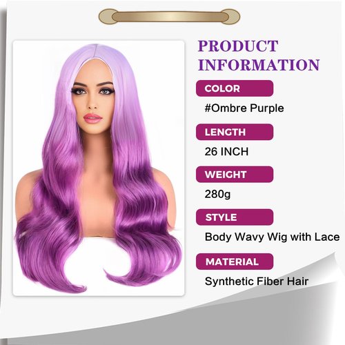 TOZIKA Long Wavy Purple Wigs for Women Synthetic Ombre Purple Curly Wavy Wig 26 Inch Middle Part Heat Resistant Wig for Daily Party Use (Ombre Purple)