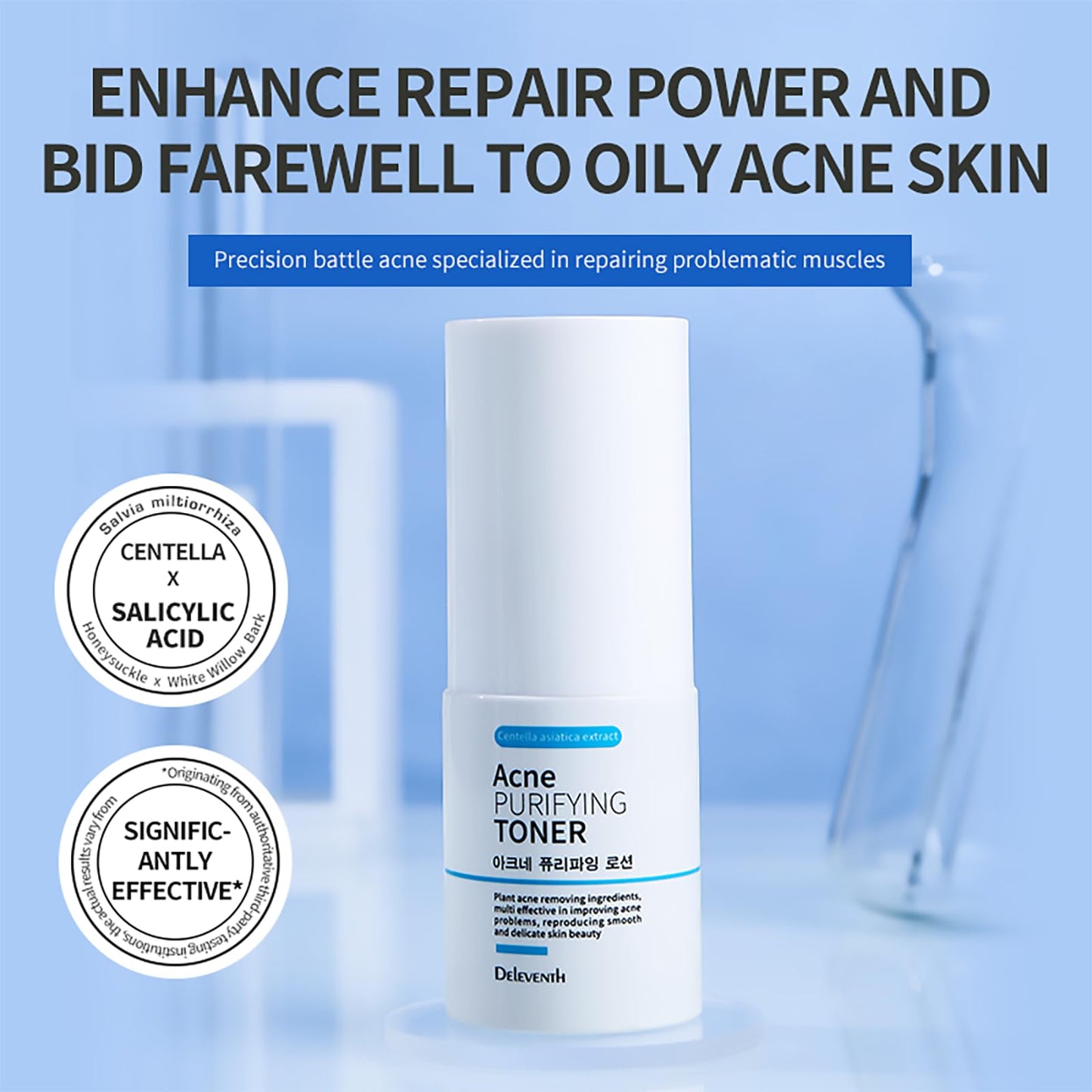 DEleventh Korean Brand Acne Purifying Toner 30ml / with Salicylic Acid and Botanical Extracts for Anti-Acne, Soothes, Unclogs Pores, Controls Oil and Maintain a Fresh, Blemish-Free Complexion