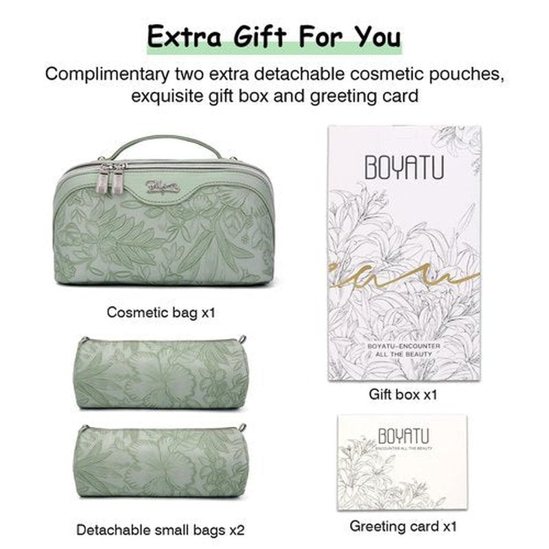 Travel Makeup Bags Cosmetic Organizer Bag: 3-Set Large Capacity Make up Bag - PU Leather Toiletry Bag for Women - Wide Open Portable Pouch with Divider & Handle (02-Light Green)