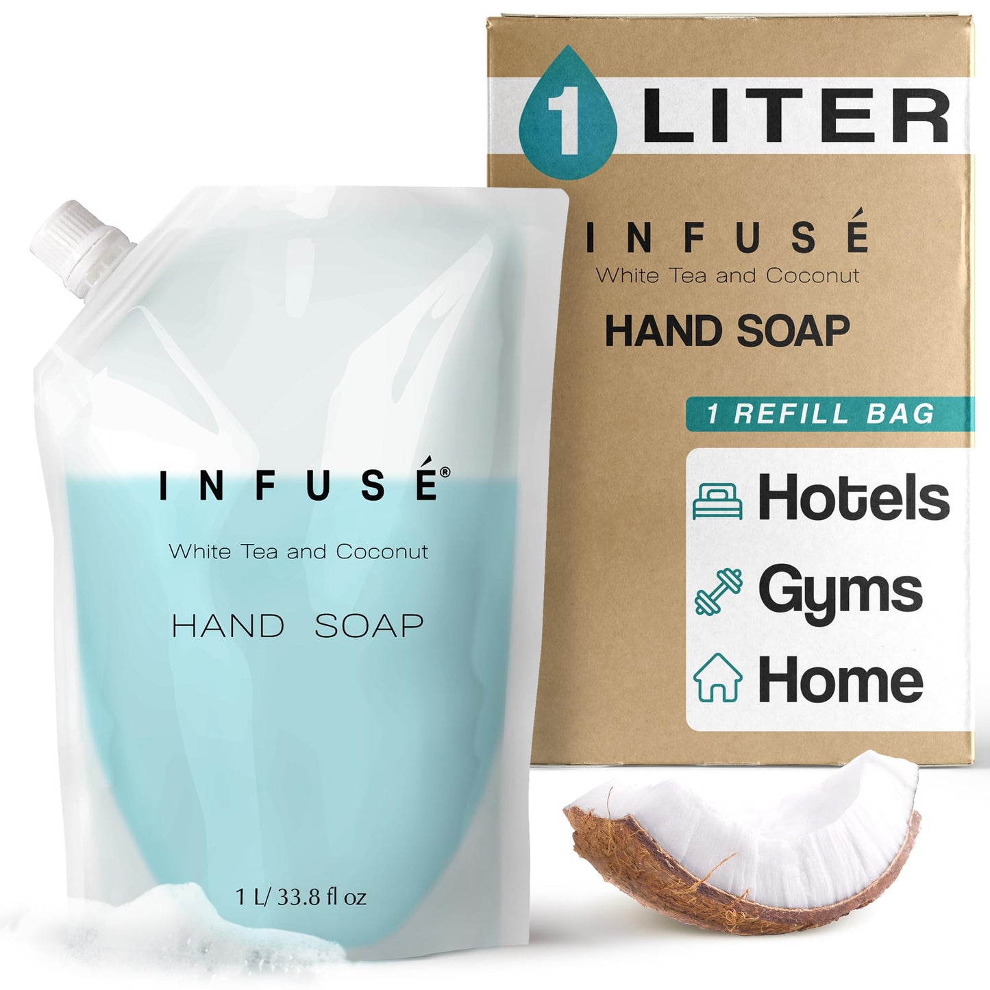 INFUS 1 Liter Hand Wash Refill Bag for Soap Dispensers | Bulk Toiletries for Vacation Rentals and Home Bathroom Showers | White Tea and Coconut | Single