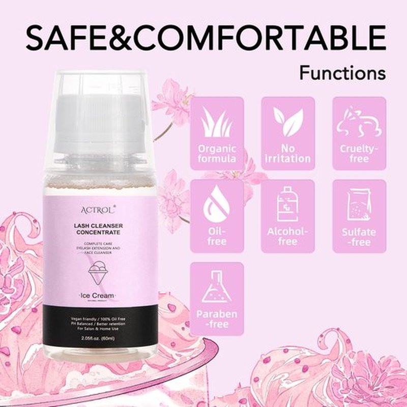 ACTROL Eyelash Cleanser Concentrate 60ml Ice Cream Professional Lash Shampoo Foaming Cleanser DIY Paraben & Sulfate Free Non-lrritating Wash for Extensions Lashes with Salon Home Care-Makes 6 Bottles
