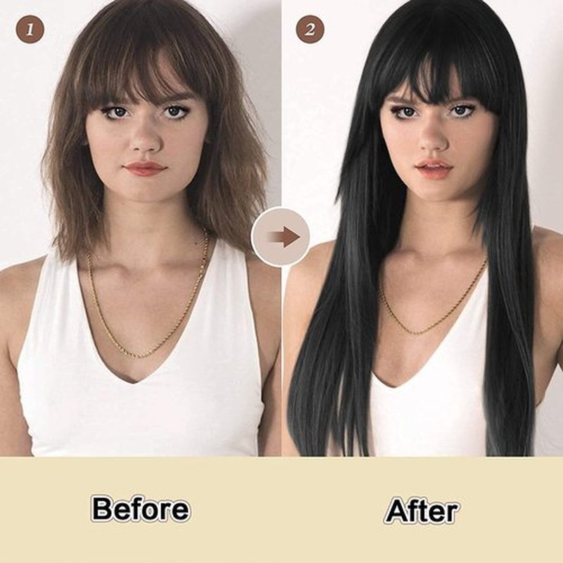 SOFEIYAN Long Straight Wig with Bangs Black&White Synthetic Hair Replacement Wigs Heat Resistant Full Wig for Women Girls 26 inches