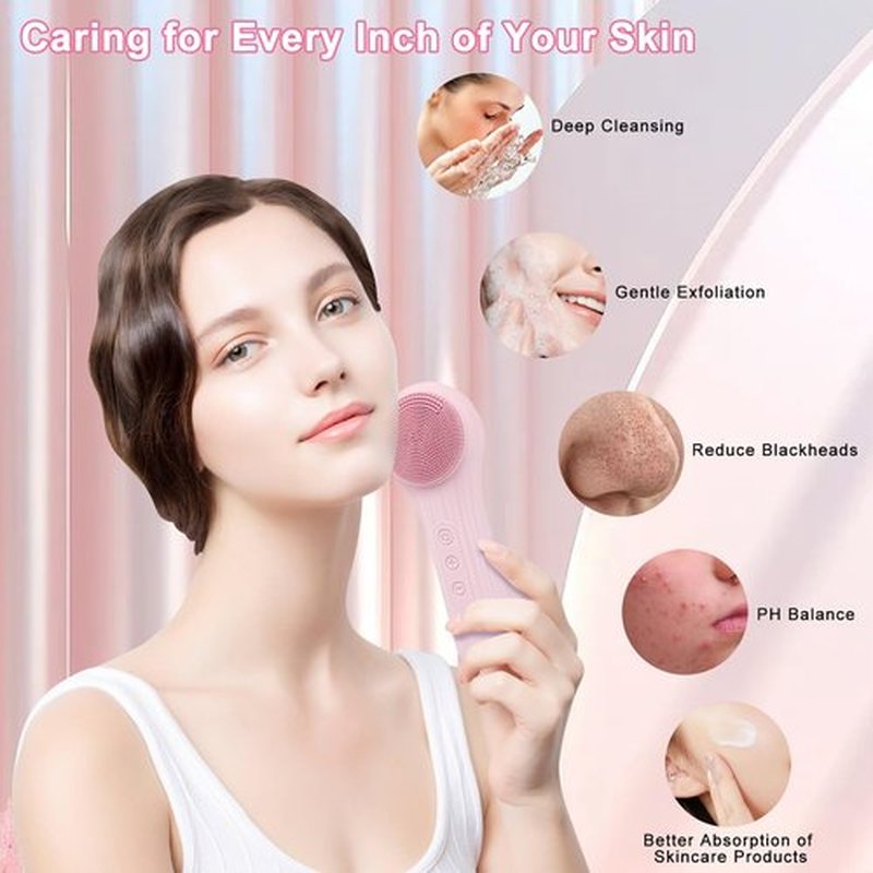 Feoflen Silicone Face Scrubber Exfoliator, Silicone Face Wash Brush for Men & Women, Ipx7 Waterproof Rechargeable Facial Cleaner for Deep Cleansing, Exfoliating, Massage Face Scrubber (Pink)
