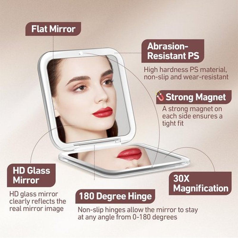 Magnifying Mirror, 30X Pocket Travel Make up Mirror, 3.3x3.3 inch Small Compact Mirror, 2-Sided Mini Mirror for Home and Outside, Portable Multi-Purpose Travel Mirror, Precision Tweezers, Rose