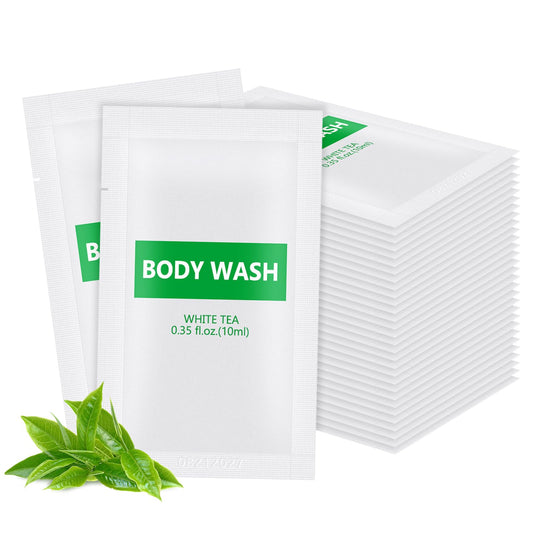 200 pack Travel Size Body Wash Bulk Individually Wrapped - Refreshing Mini Shower Gel Single Use Supplies for Homeless Care Hotel Guests, White Tea Scent,0.35 fl oz/10ml