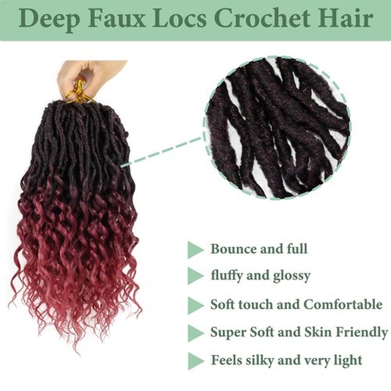 Deep Faux Locs Crochet Hair 12 Inch 8 Packs Pre Looped Deep Wave Crochet Braids Soft Locs Crochet Hair with Curly Ends Goddess Locs Crochet Hair Extensions(Black mixed Burgundy)