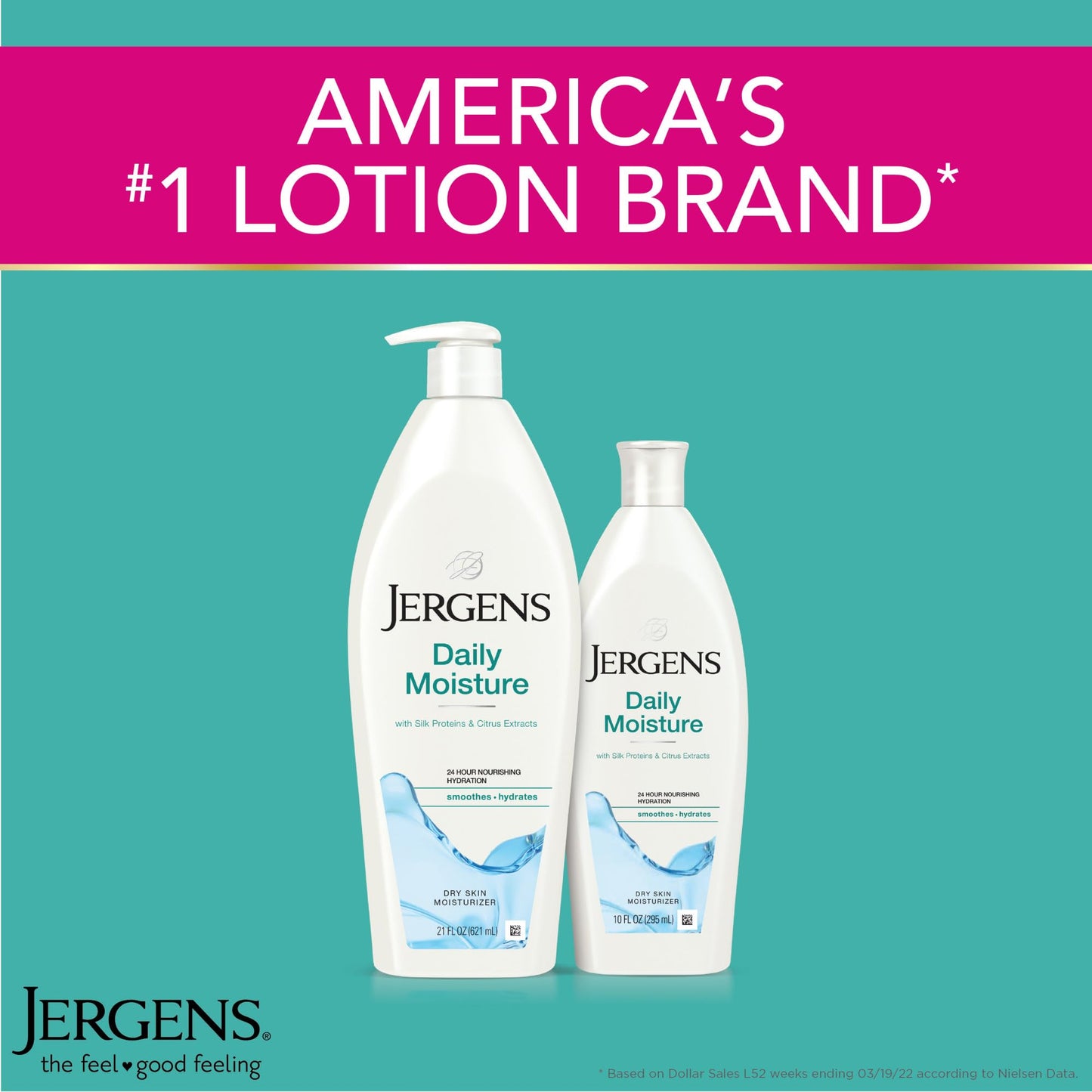 Jergens Daily Moisture Dry Skin Moisturizer, Hand and Body Lotion, with HYDRALUCENCE blend, Silk Proteins, and Citrus Extract, 21 Fl Oz (Pack of 4)