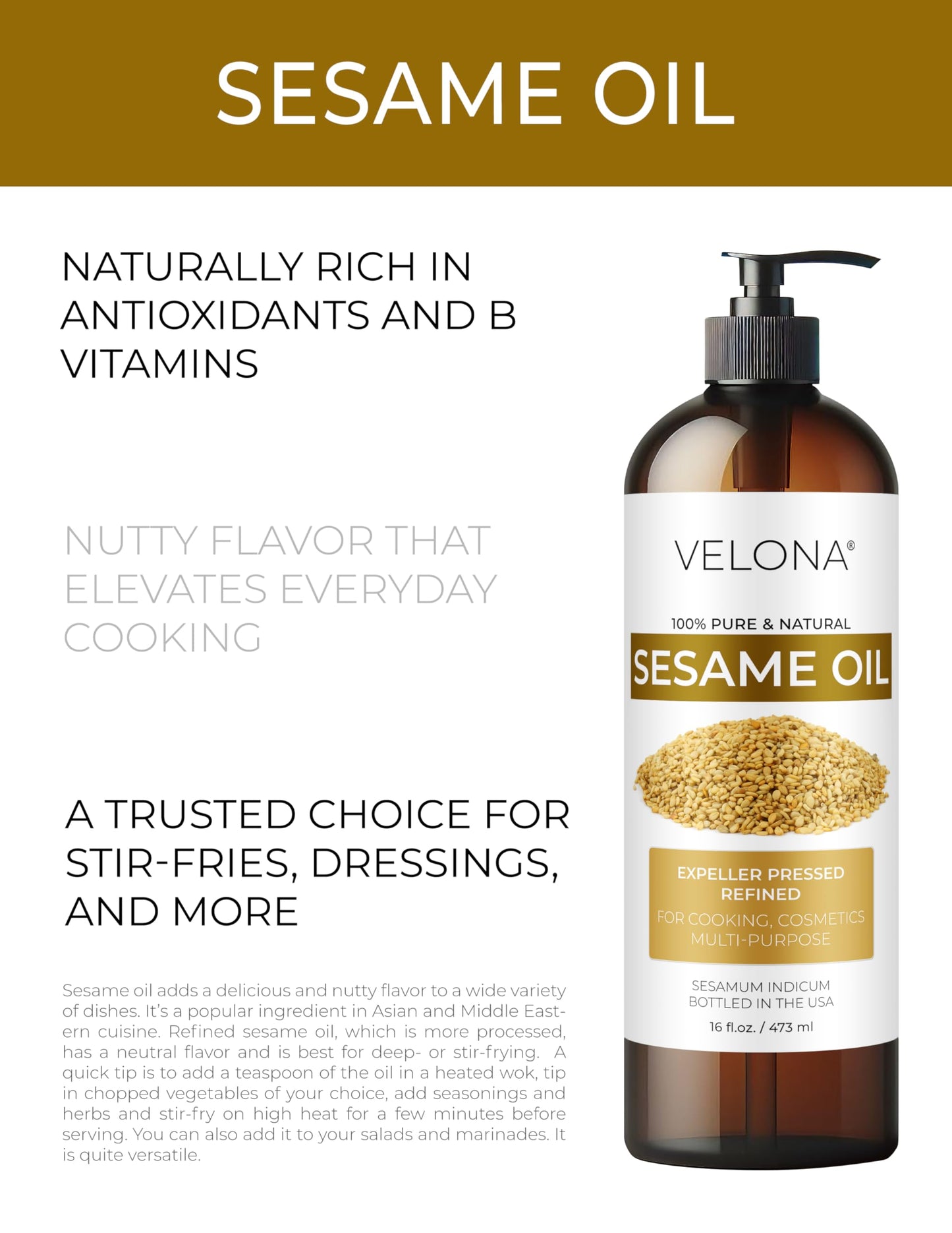 Sesame Seed Oil by Velona - 32 fl oz | 100% Pure and Natural Carrier Oil | Refined, Expeller Pressed | Cooking, Skin, Hair, Body & Face Moisturizing | Use Today - Enjoy Results