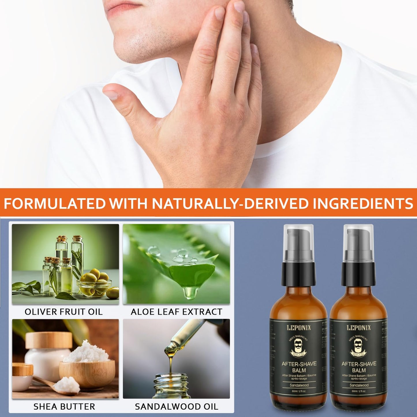 LEPONIX After Shave Balm for Men, 2 Pack (2 x 60ML, 120ML Total) – Luxury After Shave Lotion for Men's Skin Care with Sandalwood, Cooling, Hydrating & Razor Bump Relief, Post Shave Care to Soothe Skin