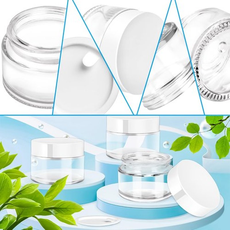 MotBach 6 Pack 1 oz Glass Jars with Lids 60ml Mini Round Clear Glass Jars with Inner Liners and Spatulas, Travel Size Containers Jars for Toiletries Creams Makeup Cosmetic Sample Lotion (White Lid)