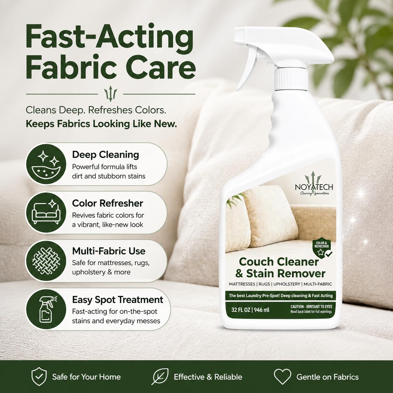 NOYATECH Couch Cleaner and Stain Remover Spray – Professional Strength, Multi-Surface Fabric and Upholstery Cleaner – Pet-Safe, Non-Toxic, Quick-Drying for Couches, Sofas & Car Interiors.