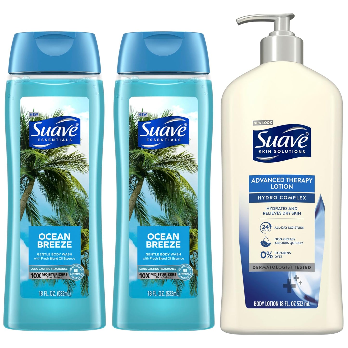 Suave Body Wash 2-Pack & Lotion Bundle – Ocean Breeze Gentle Body Wash with Vitamin E + Hydro Complex Advanced Therapy Lotion, 18 Oz Ea