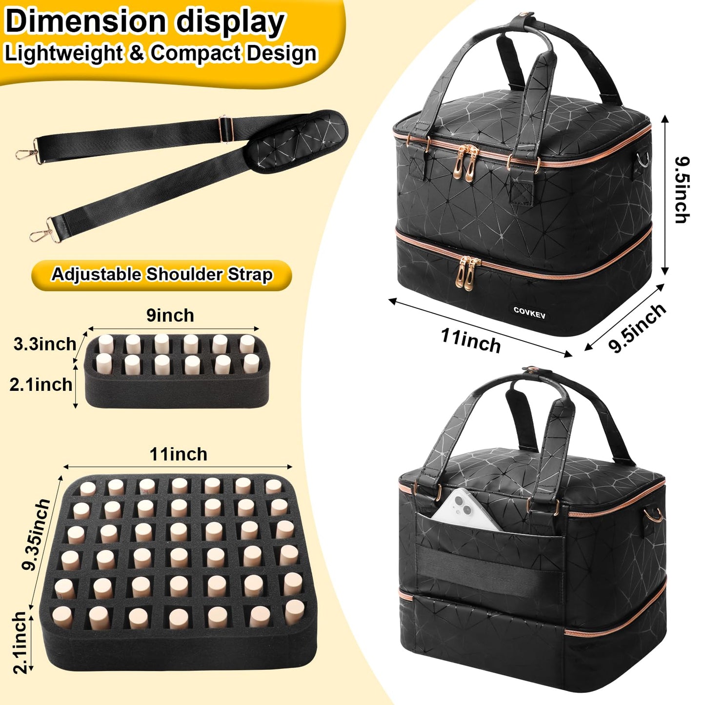 Covkev Nail Polish Organizer Hold 54 Bottles (15ml/0.5 fl.oz), PU Leather Nail Lamp Kit Supplies Organizer Bag Travel, Double Layer Nail Organizers and Storage Case with Holder& Shoulder Strap (Black)