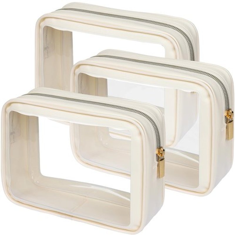 PACKISM TSA Approved Toiletry Bag - Amazing Color-Edged Clear Makeup Bag, 3 Pack in Spacious Space, Reusable Clear Toiletry Bags with Great Value, Beige
