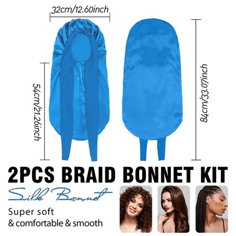 2Pcs Bonnets for Black Women Braid Bonnet, Large Long Satin Bonnet for Braids, Silk Bonnet with Stretchy Tie Band Sleep Cap Hair (2Pcs-Black&Blue)
