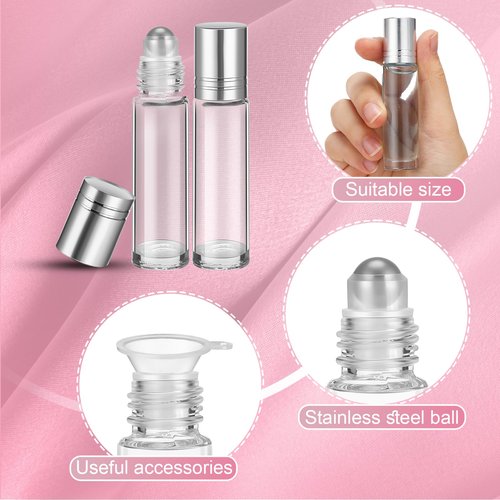 Sumind 150 Pcs Essential Oil Roller Bottles 10 ml Glass Roller Bottles with Stainless Steel Roller Balls Empty Bottles Leak Proof Roll on Bottles with 5 Funnel for Travel Essential Oil (Silver)