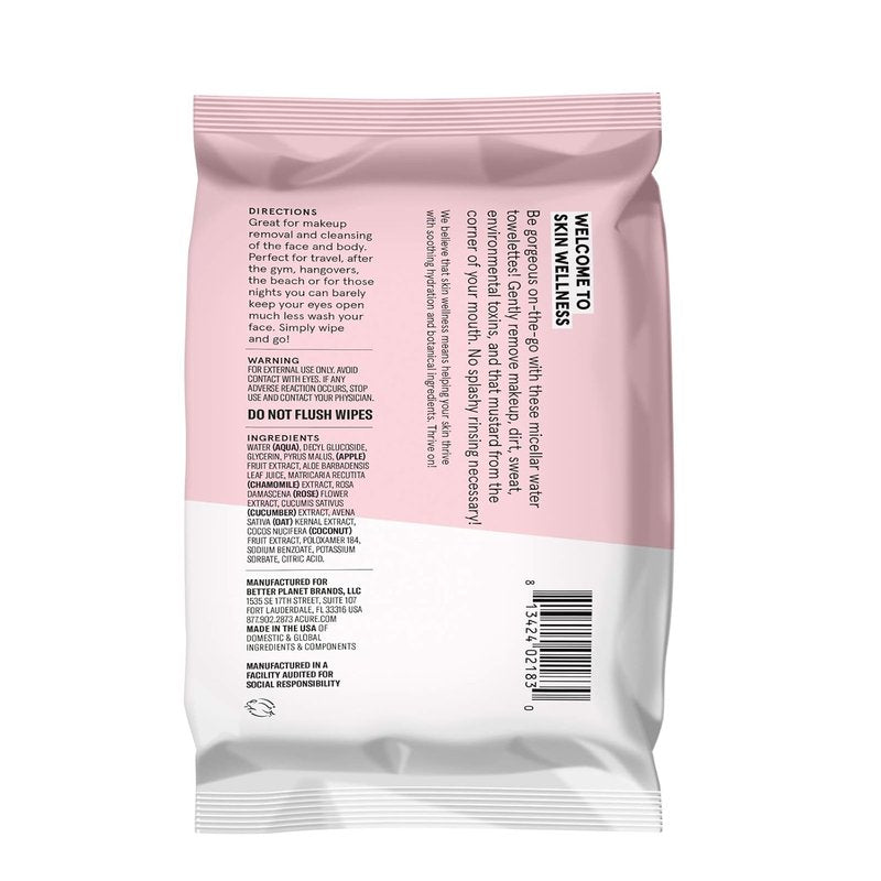 ACURE Micellar Water Towelettes - Soothing Makeup Remover for Sensitive Skin | 100% Vegan | Rose & Cucumber - 1 Pack