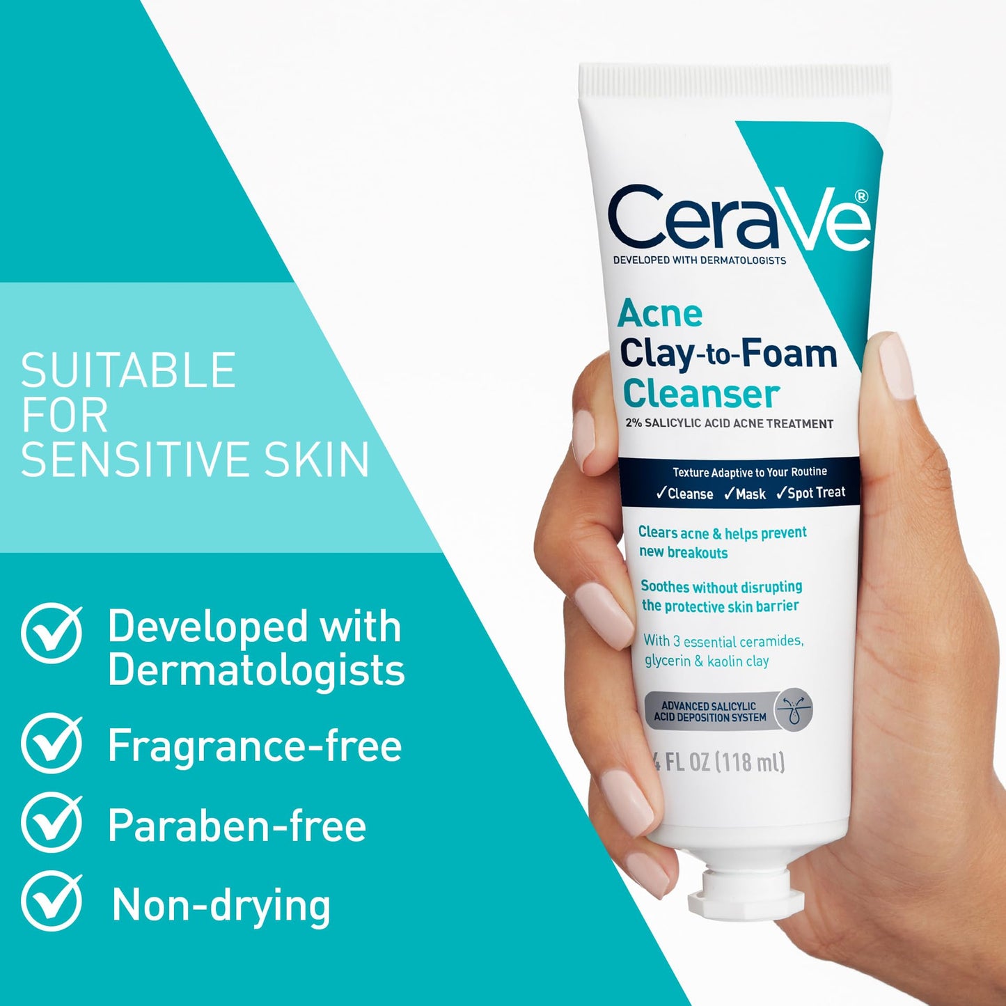 CeraVe Clay To Foam Acne Face Wash,Salicylic Acid & Kaolin Clay Acne Spot Treatment Clears Pimples & Blackheads, Prevents Breakouts, Hydrates & Soothes, Fragrance-Free, Non-Comedogenic,4oz,(Pack of 2)